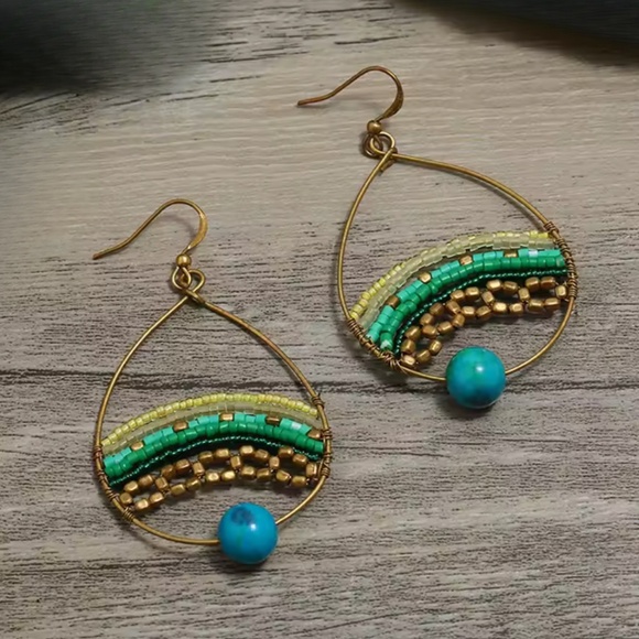 Handmade Teardrop Earrings – Green & Gold Beaded Design - Picture 2 of 2